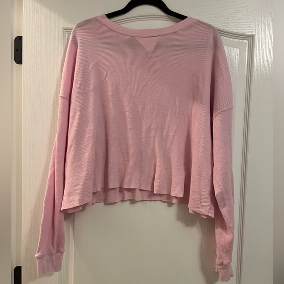 Waffle Knit Light Pink Raw Hem Boxy Fit Slightly Cropped Long Sleeve Shirt - Picture 2 of 10